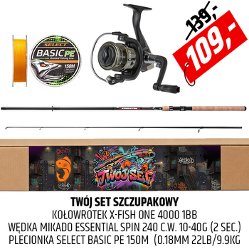 SET szczupakowy Wędka Mikado Essential z kołowrotkiem i plecionką